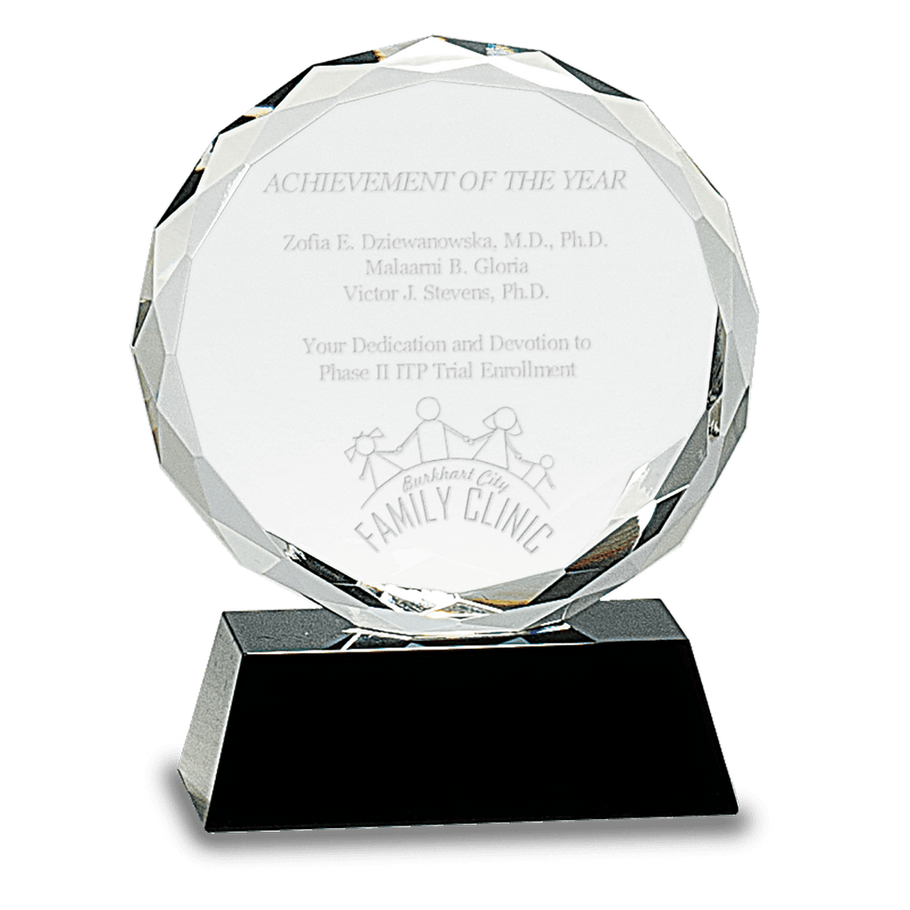 Round Facet Crystal on Black Pedestal Base