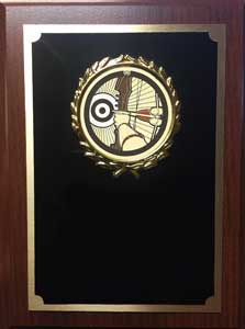 Royal Wood Plaque with Sports Image in a Gold Wreath