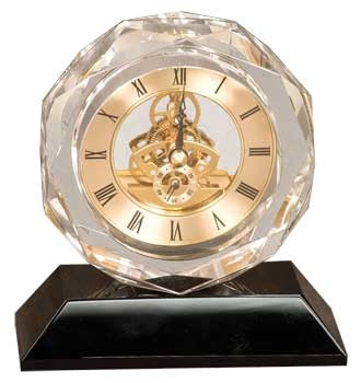 Clear Crystal Clock on Black Pedestal Base