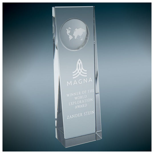 Clear Crystal Slanted Rectangle with Engraved Globe