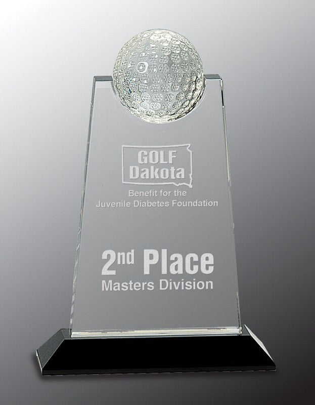 Clear Crystal Tablet with Inset Golf Ball on Black Pedestal Base