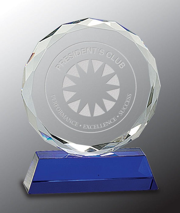 Round Facet Crystal on Blue Pedestal Base