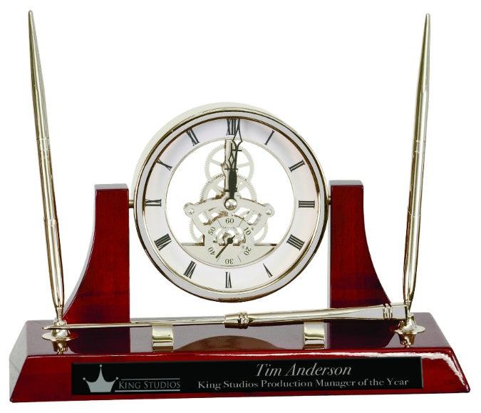 Executive Rosewood Piano Finish Clock w/ 2 Pens/Letter Opener