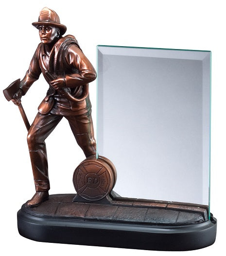American Hero - Bronze Fireman with Glass Plaque
