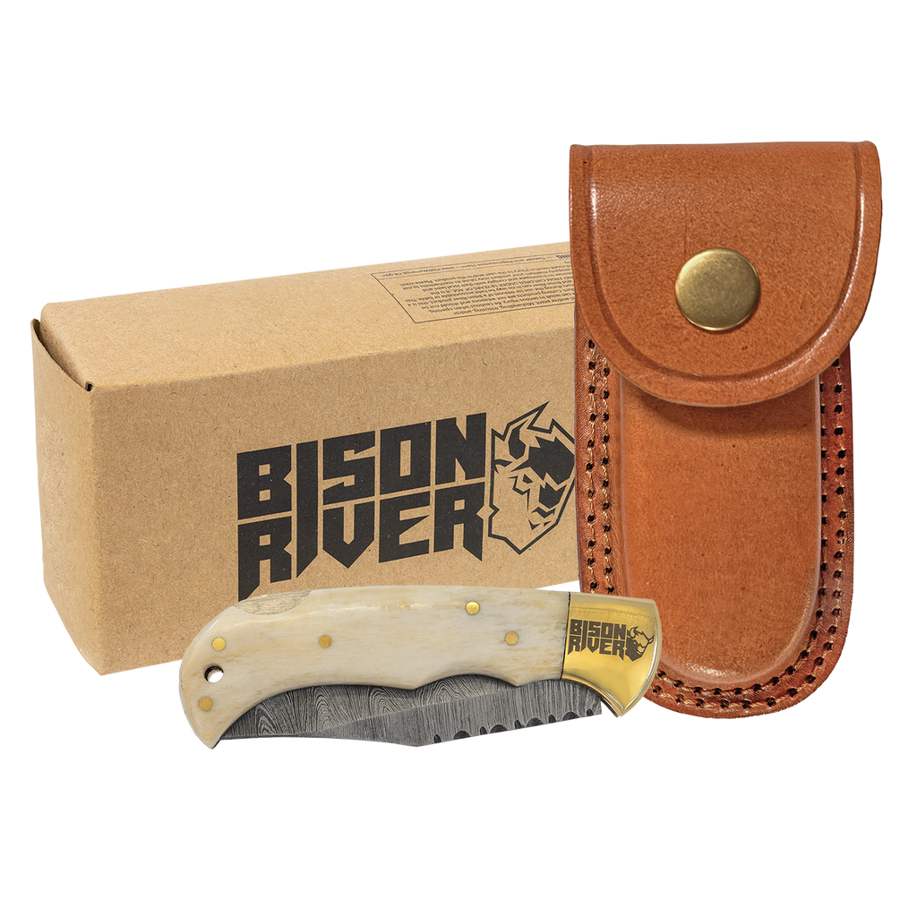 Bison River Damascus Steel Knife with Leather Sheath