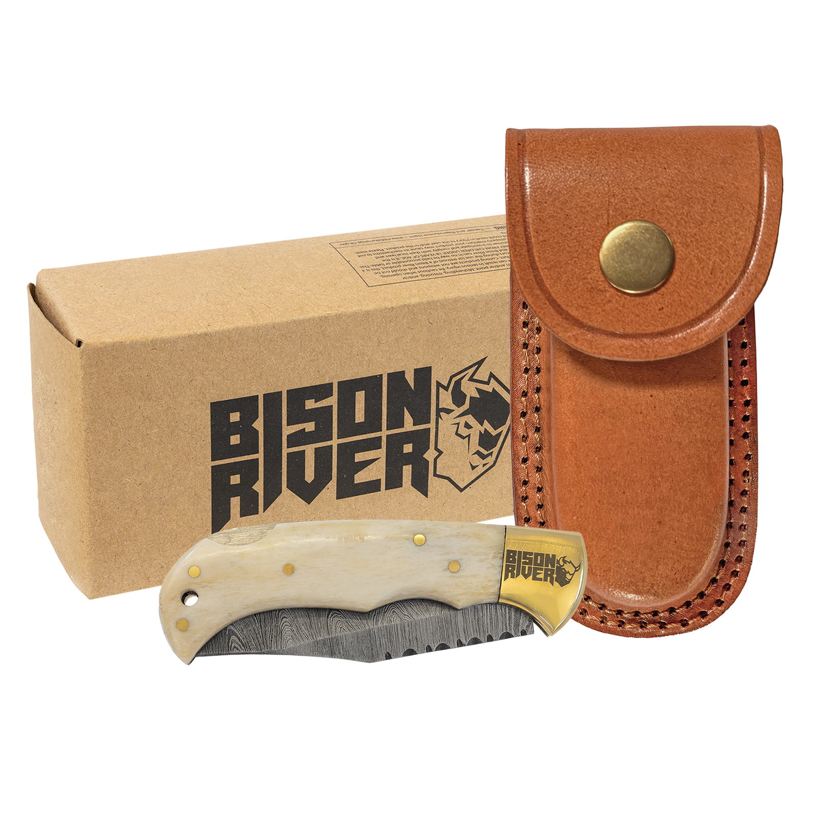 Bison River Damascus Steel Knife with Leather Sheath