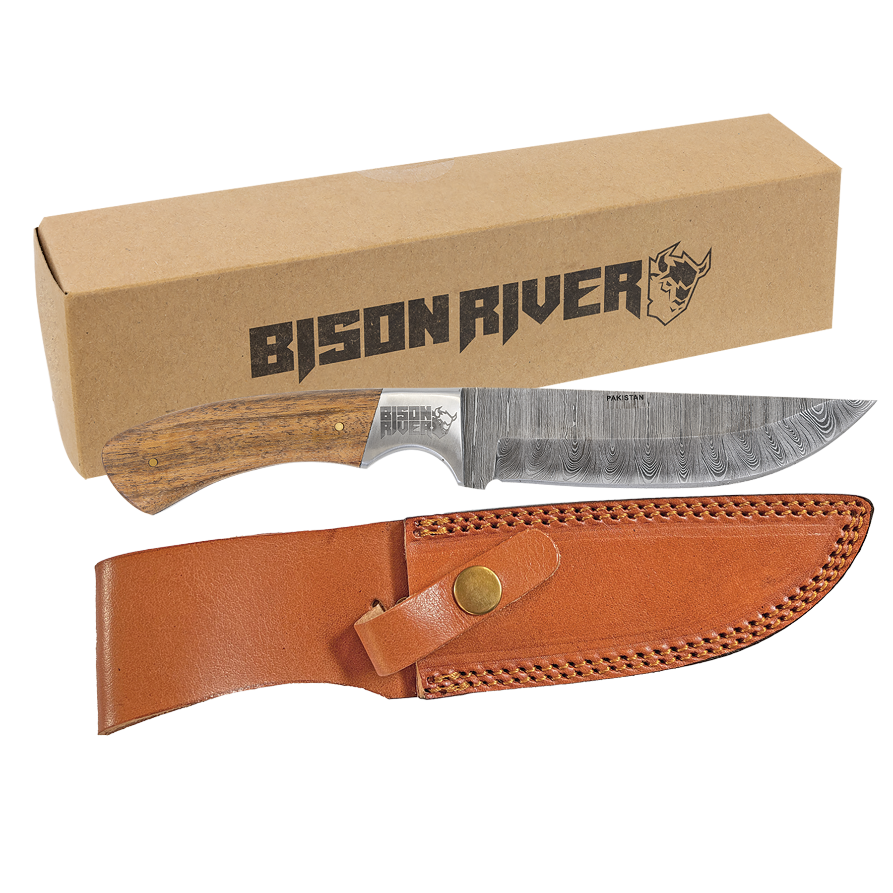 Bison River Fixed Damascus Blade Knife with Leather Sheath – BJs Trophy
