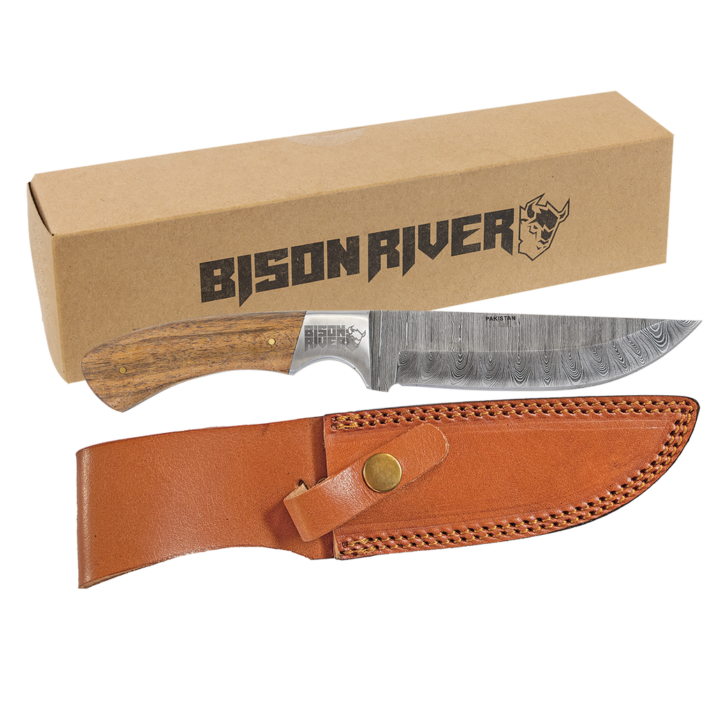 Bison River Fixed Damascus Blade Knife with Leather Sheath