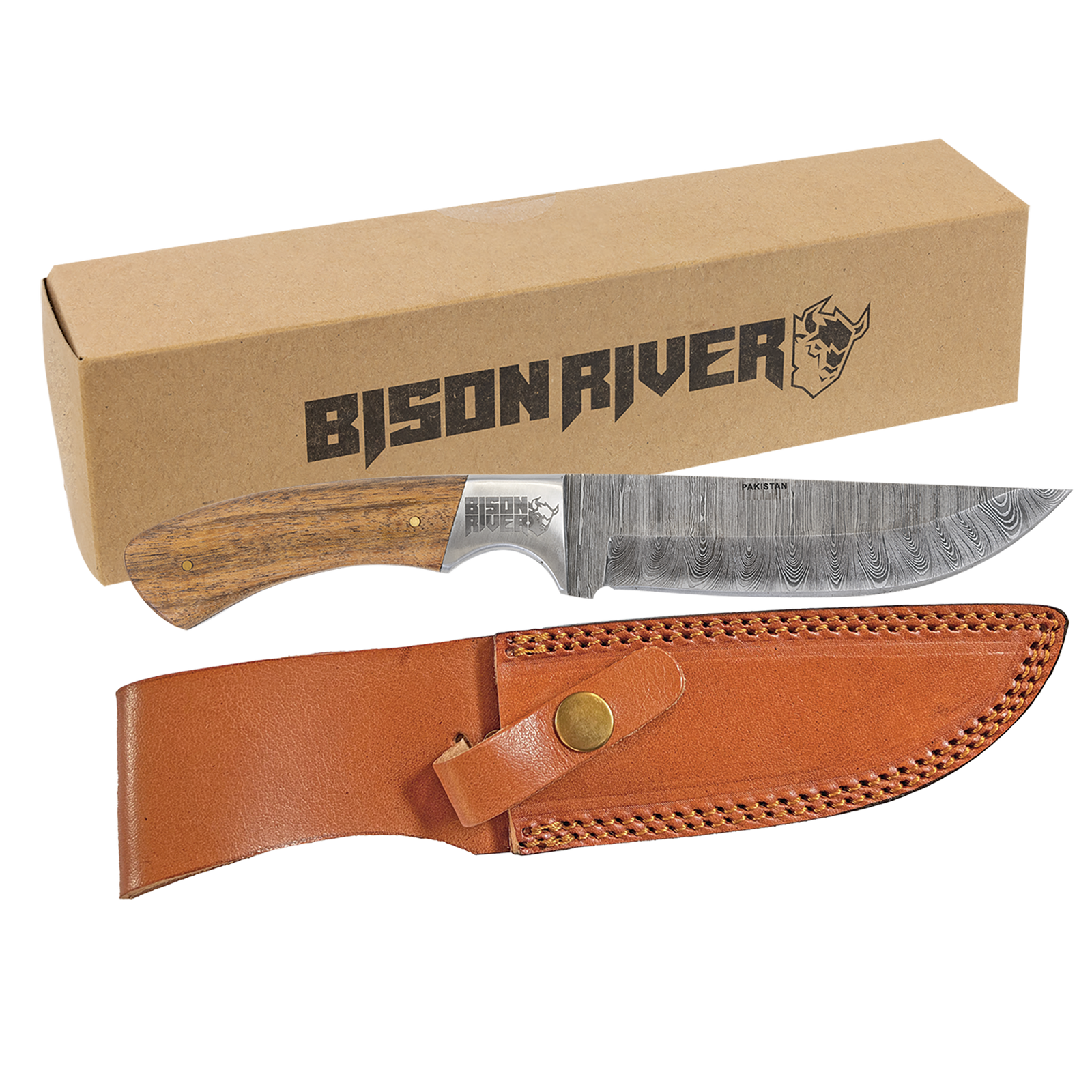 Bison River Fixed Damascus Blade Knife with Leather Sheath