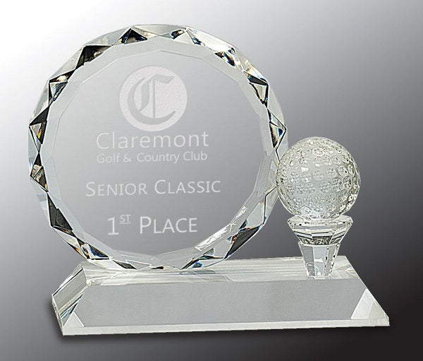 Round Facet Crystal Award with Golf Ball