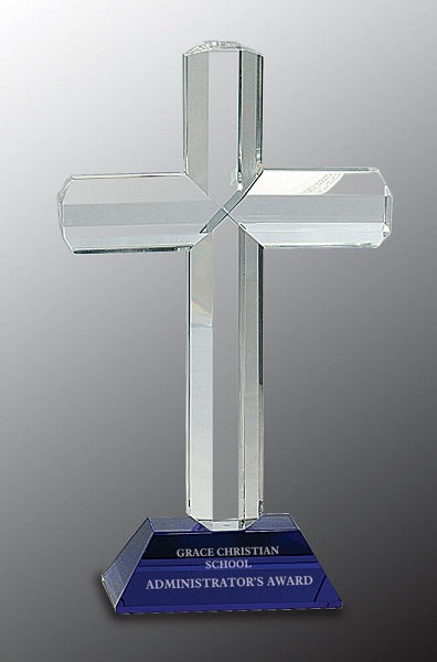 Crystal Cross on Blue or Black Pedestal Base