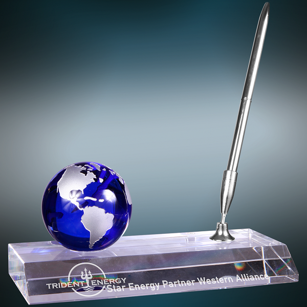 Blue Crystal Globe with Base and Pen