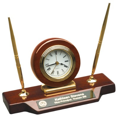 Rosewood Desk Clock with Two Pens